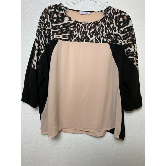 Calvin Klein Beige & Black Animal Print Blouse 3/4 Sleeve Size XL Classic Party - Picture 2 of 2